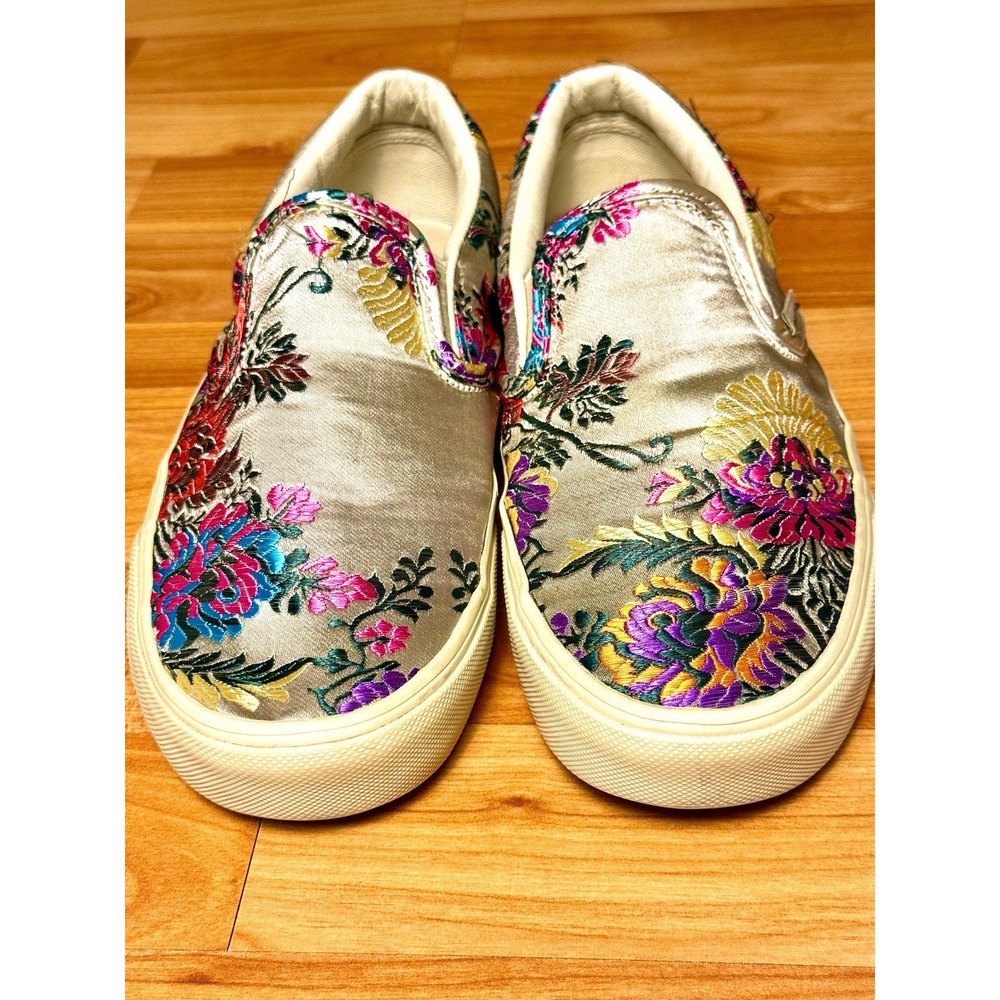 Vans Classic Slip-On Festival Satin Gold Floral Embroidery Sneakers Sanitized